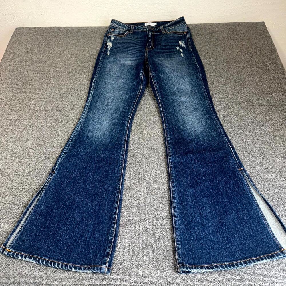 Cello Super Flare Jeans Women's 3 Blue Denim High Rise Side Slit Hem Boho Casual